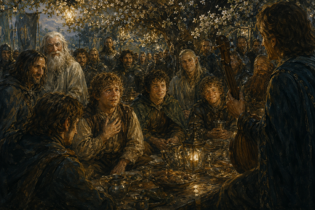 Sam listens emotionally as a minstrel begins the tale of the Ring-bearers during the feast at Cormallen.