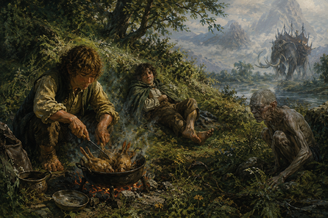 Sam cooks rabbits beside Frodo in green Ithilien during their journey toward Mordor.