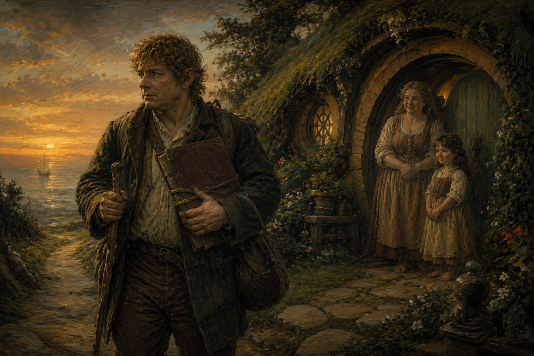 Sam returns to Bag End after the Grey Havens carrying the Red Book entrusted to him by Frodo.