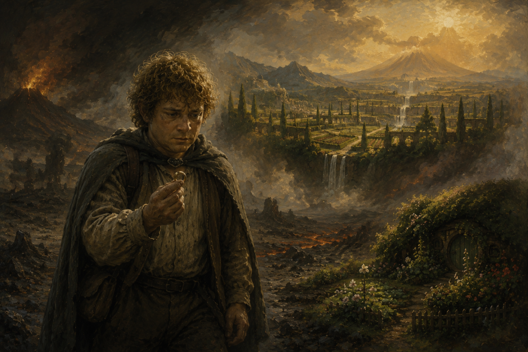 Sam resists the One Ring's temptation of power while imagining a vast garden in barren Mordor.