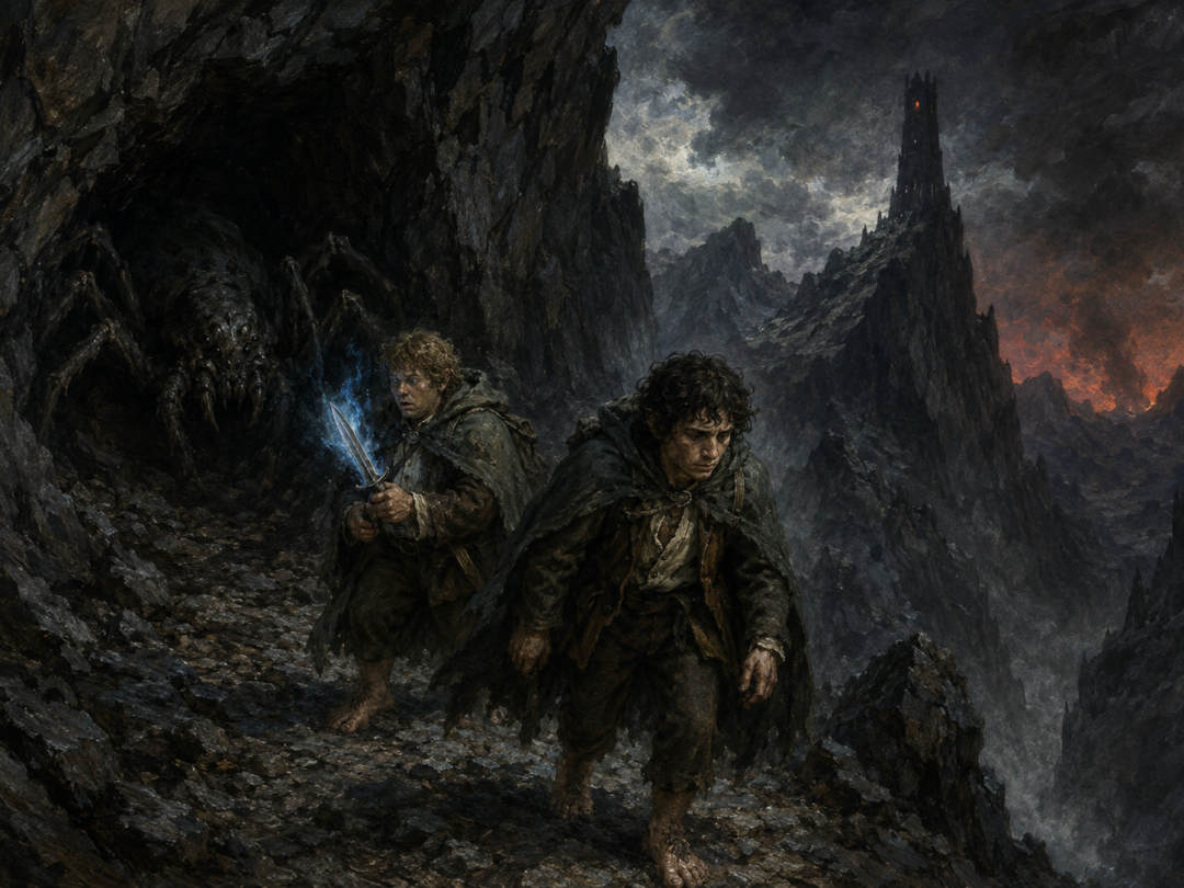Sam braces Sting beneath Shelob as the giant spider-like creature descends upon him near Cirith Ungol.