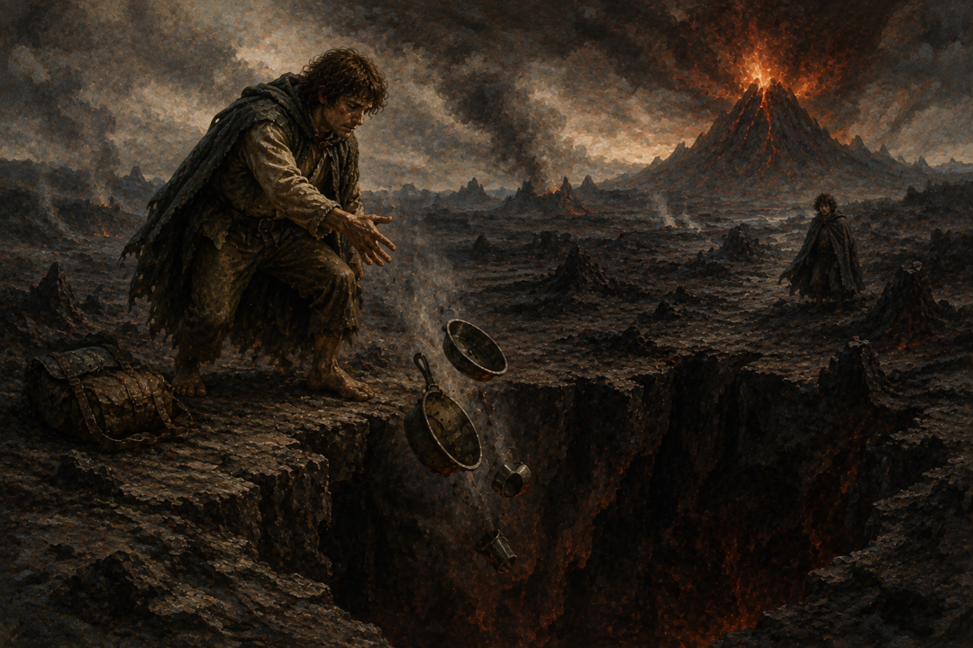 Sam throws his battered cooking pans into a dark fissure in Mordor before continuing toward Mount Doom.