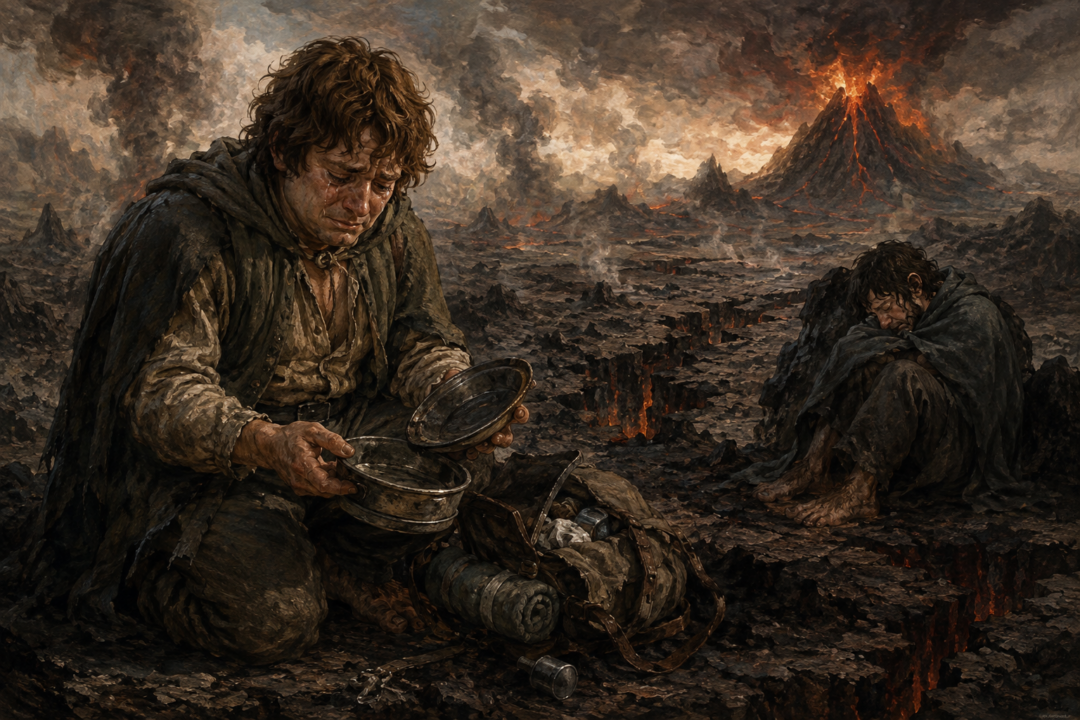 Samwise Gamgee holds his treasured cooking gear while preparing to discard possessions on the final journey toward Mount Doom.