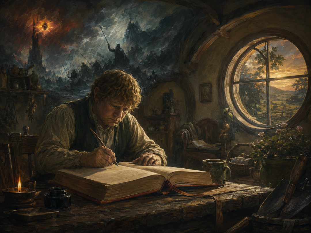 Samwise Gamgee writing in the Red Book at Bag End after Frodo's departure