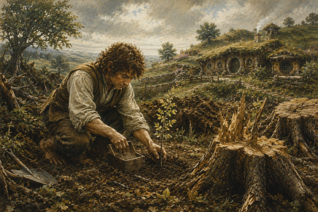 Samwise Gamgee planting a sapling with soil from Galadriel's gift after the destruction of the Shire's trees