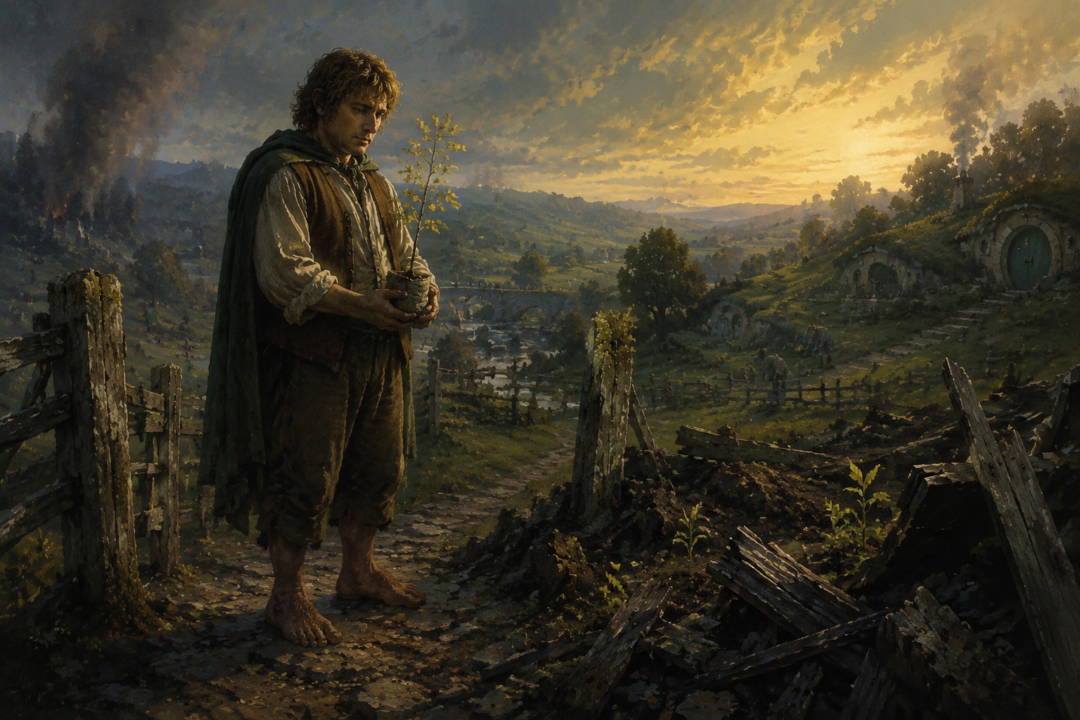 Samwise Gamgee returning to the Shire with the gift of a mallorn seed from Lórien