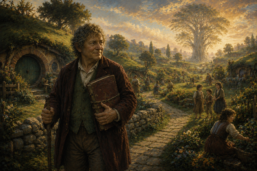 An older Samwise walks through the restored Shire during his years as Mayor with the mallorn in the distance.