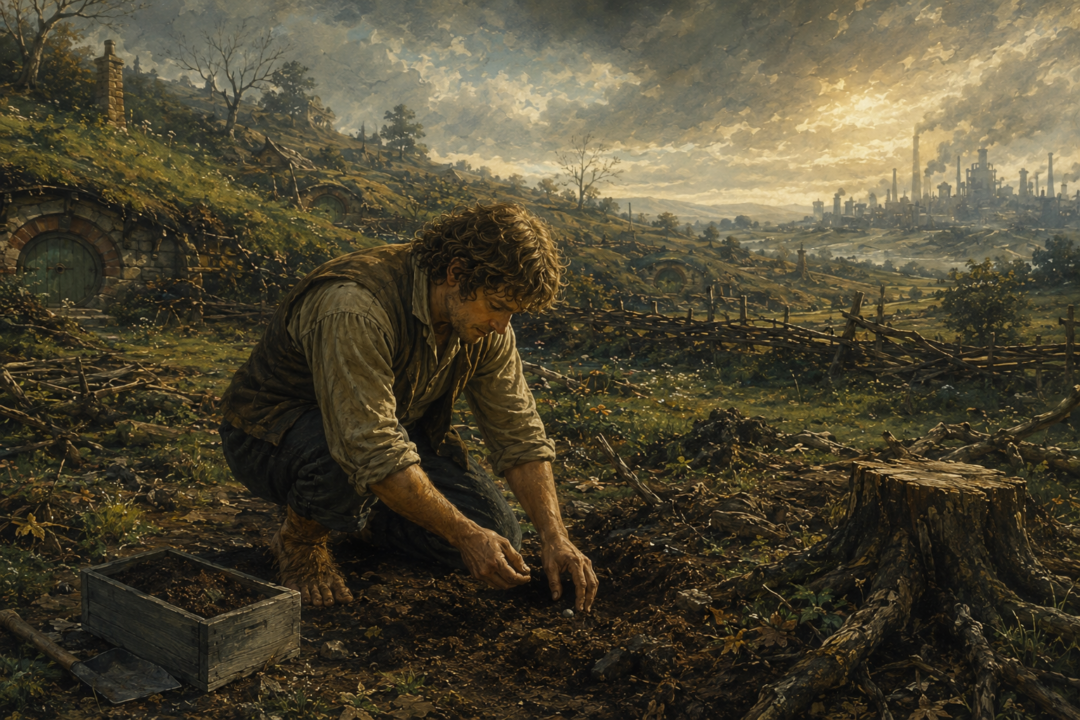 Samwise Gamgee planting Galadriel's silver mallorn nut where the Party Tree once stood.