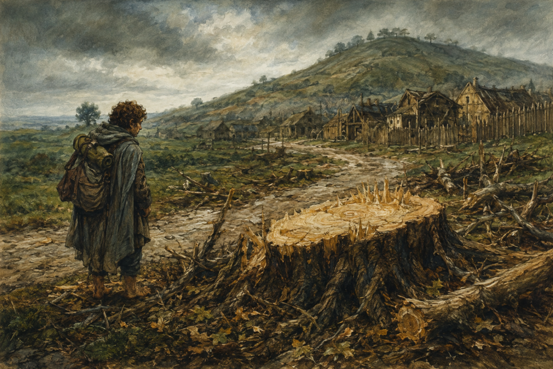Samwise Gamgee confronting a freshly felled tree beside the altered road to Hobbiton after the Scouring of the Shire
