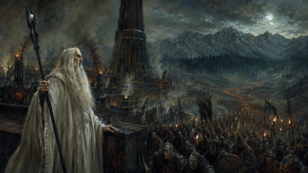 Saruman watches his great army march out of Isengard toward Rohan while Fangorn Forest looms behind the fortress.