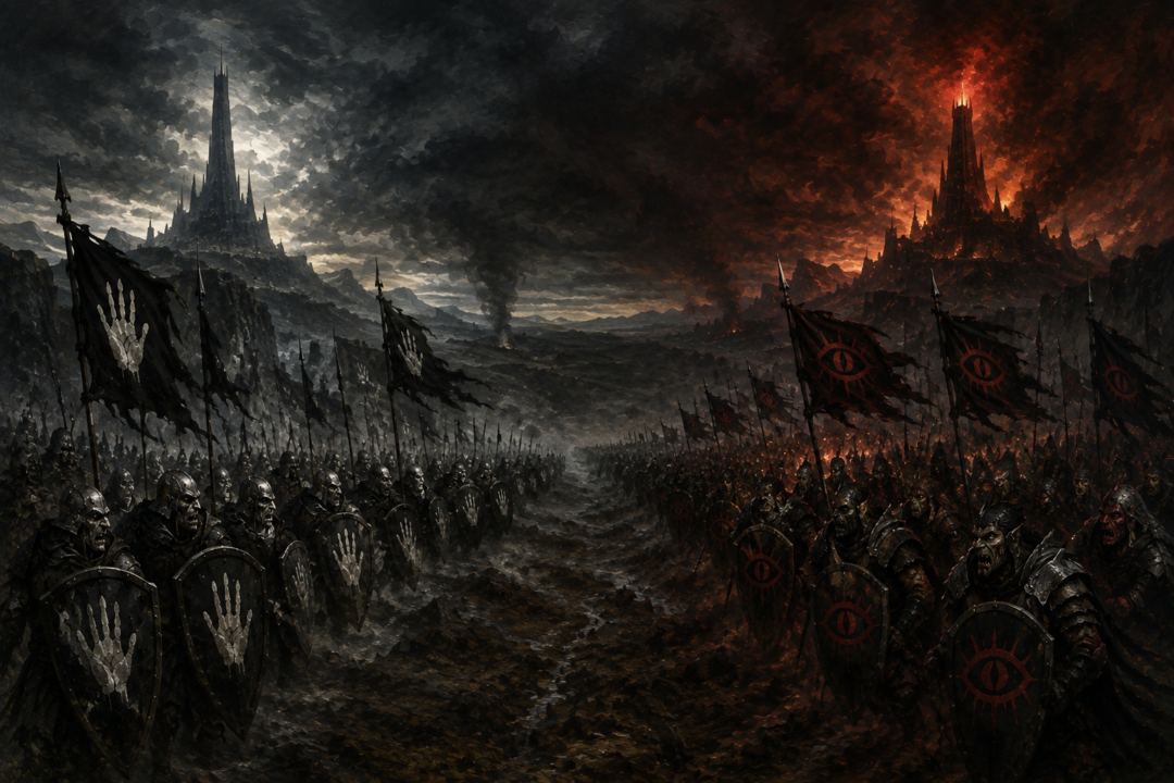 Separate Orc armies of Isengard and Mordor advance beneath the White Hand and Red Eye as symbols of rival masters.