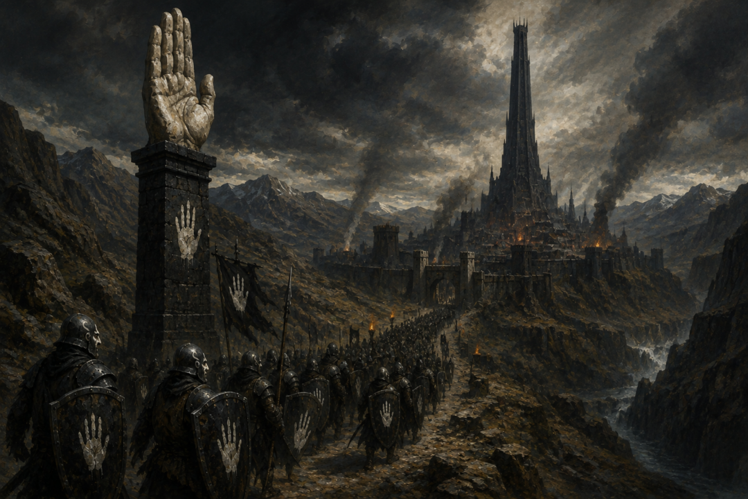 Saruman's Orc soldiers march beneath the great White Hand emblem on the road to Isengard.