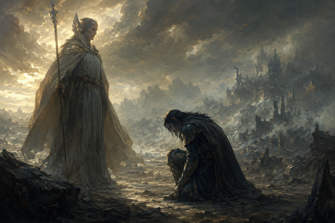 Sauron kneeling before Eönwë after the War of Wrath and the defeat of Morgoth