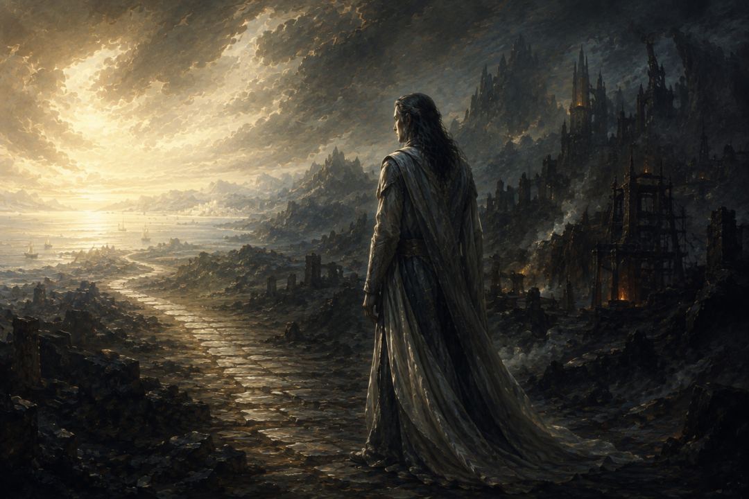 Symbolic depiction of Sauron facing the westward path toward judgment in Aman