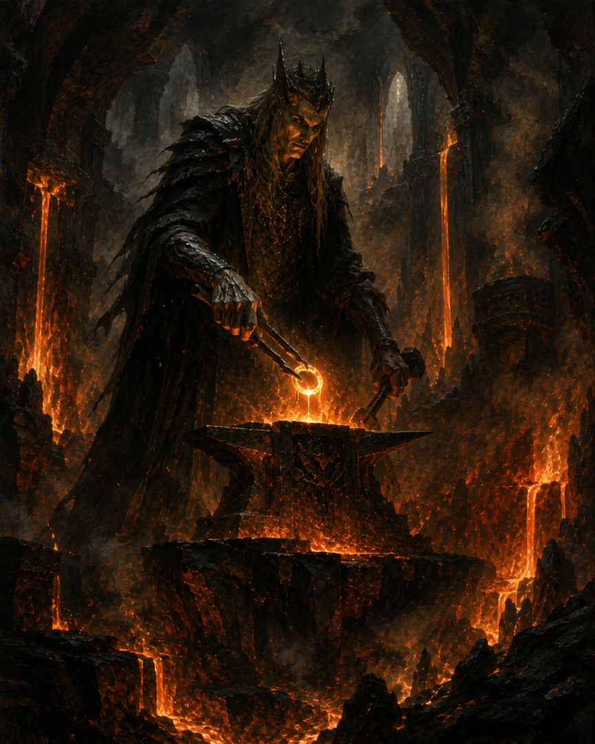 Sauron forging the golden One Ring in the volcanic fires of Orodruin and investing his power into it.