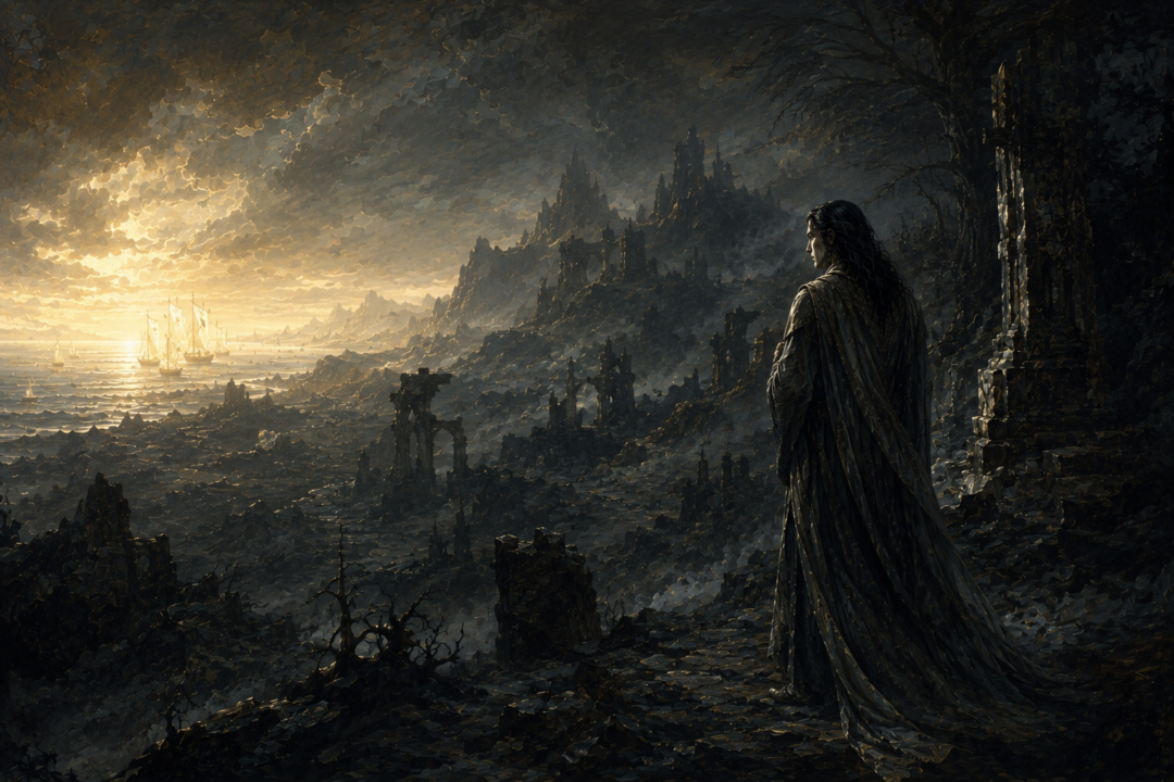 Sauron hiding among the ruins of Middle-earth after refusing Eönwë's command