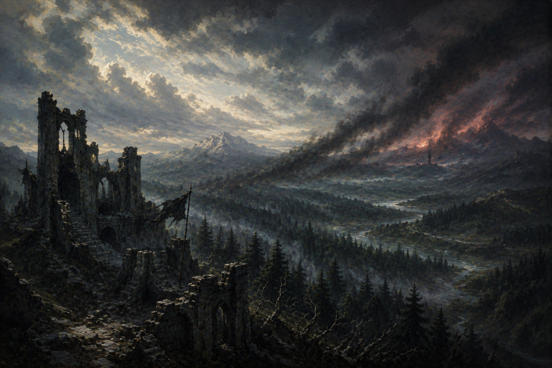 The shadow of Sauron withdrawing from Dol Guldur toward Mordor after the White Council's attack