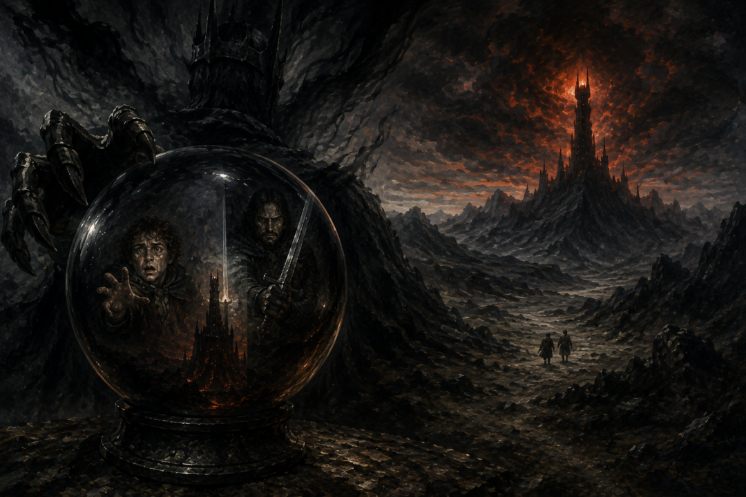 Symbolic view of Sauron focusing on Pippin and Aragorn while the true Ring-bearer quietly approaches Mordor.