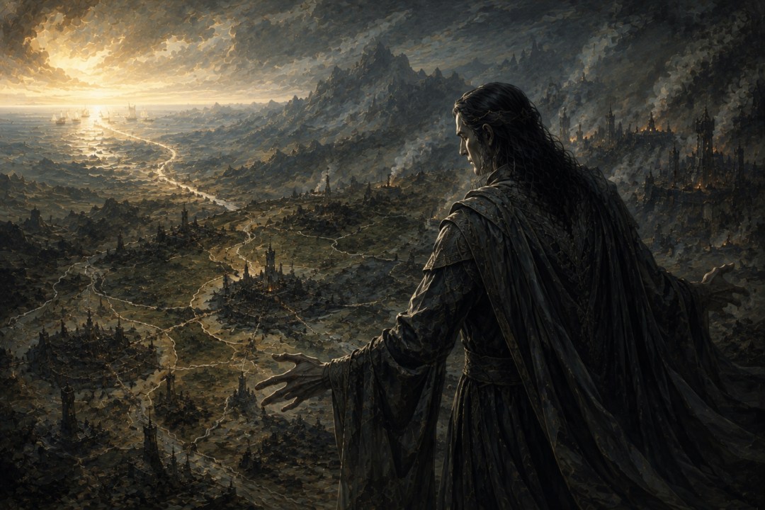 Symbolic depiction of Sauron's pride developing into his desire to dominate Middle-earth