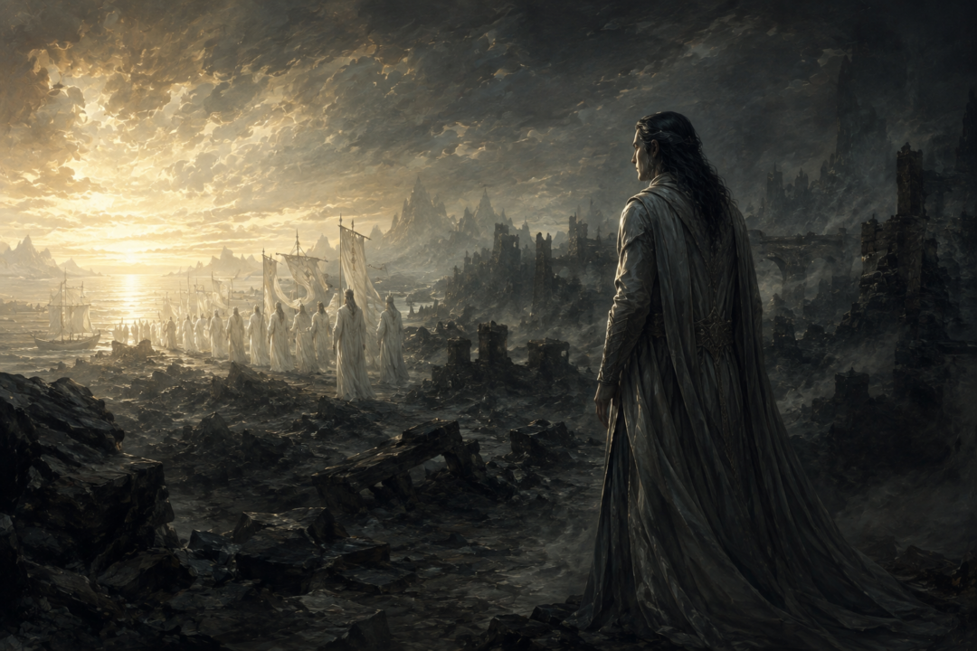 Sauron remaining in ruined Middle-earth as Eönwë and the Host of the West depart
