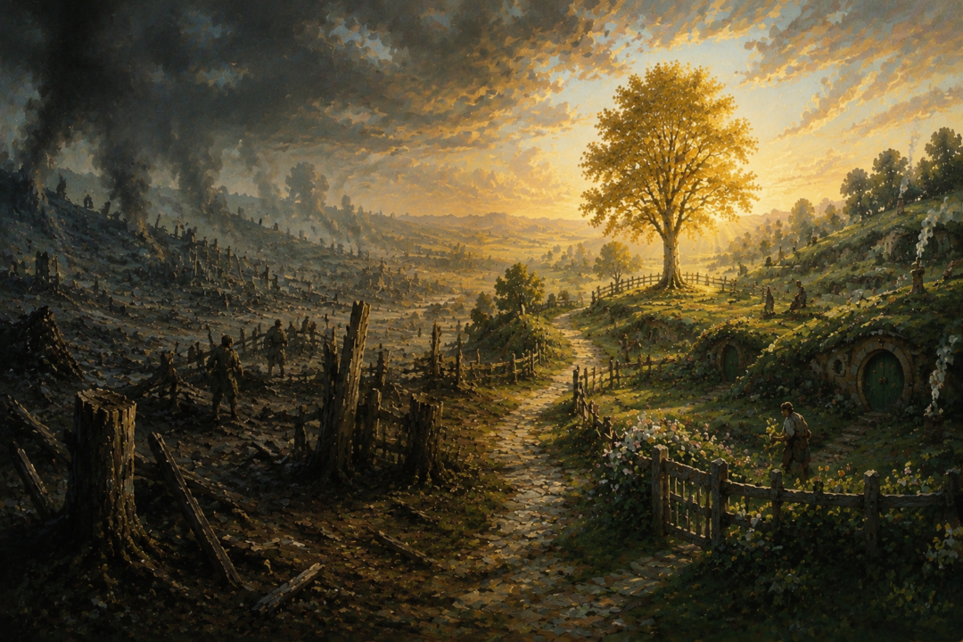 The damaged Shire transforming into a restored landscape around the new Party Tree