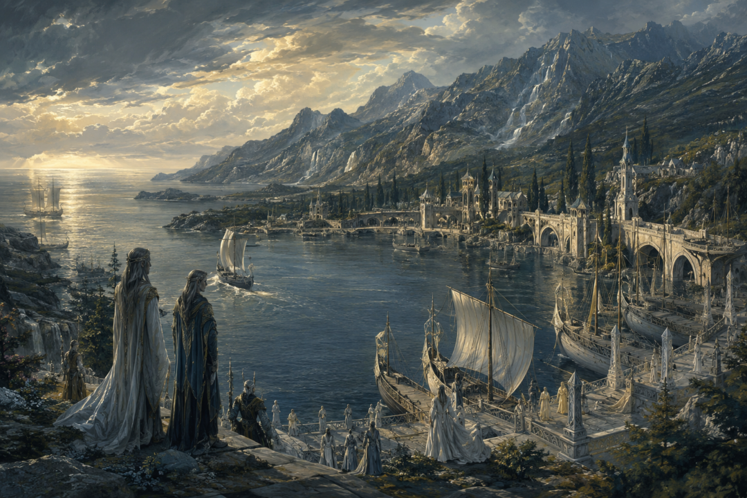 The newly formed Gulf of Lhûn and Grey Havens in Lindon at the beginning of the Second Age after Beleriand's destruction.