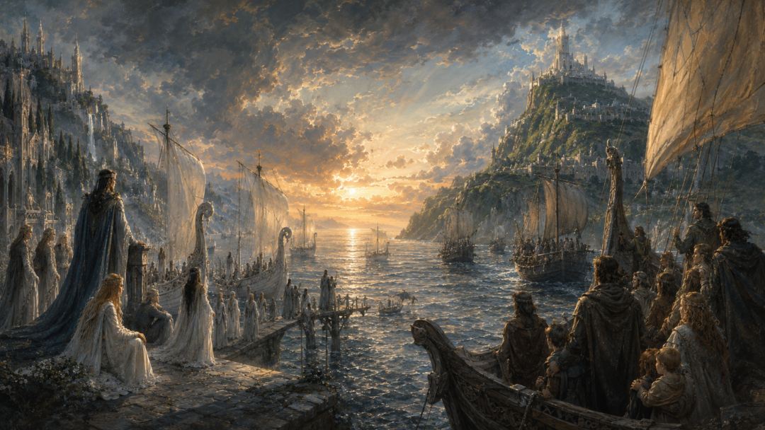 Early Lindon and Númenor shown as hopeful Second Age realms while the distant survival of Sauron foreshadows later corruption.