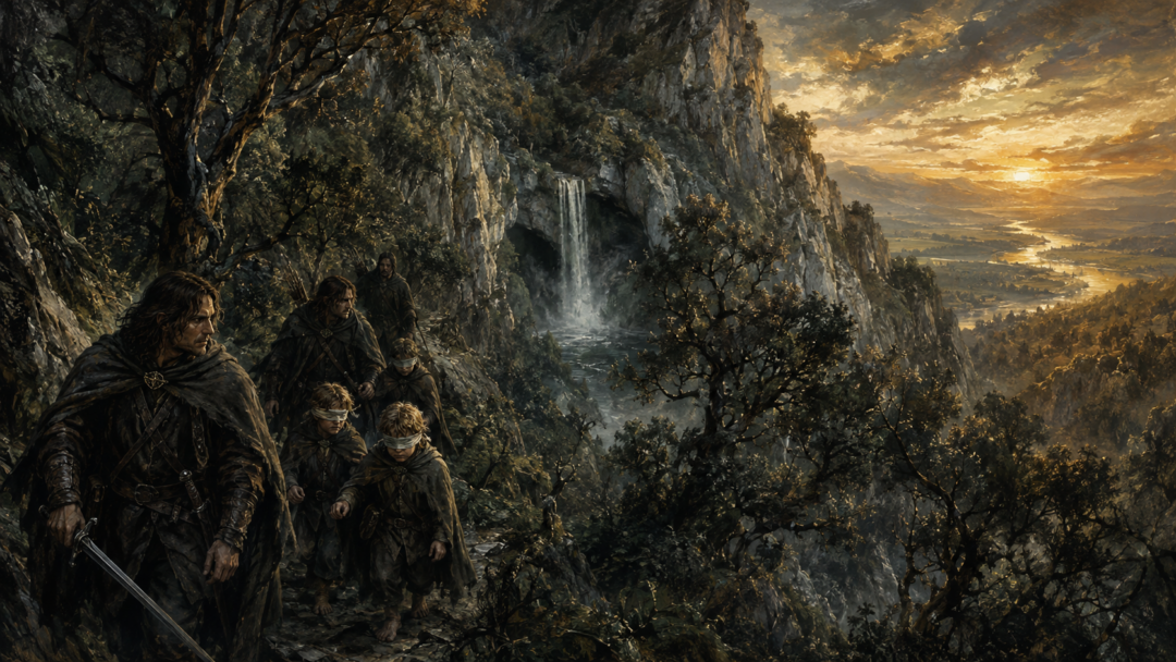 Rangers guide blindfolded Frodo and Sam through the concealed wooded approach to Henneth Annûn in Ithilien.