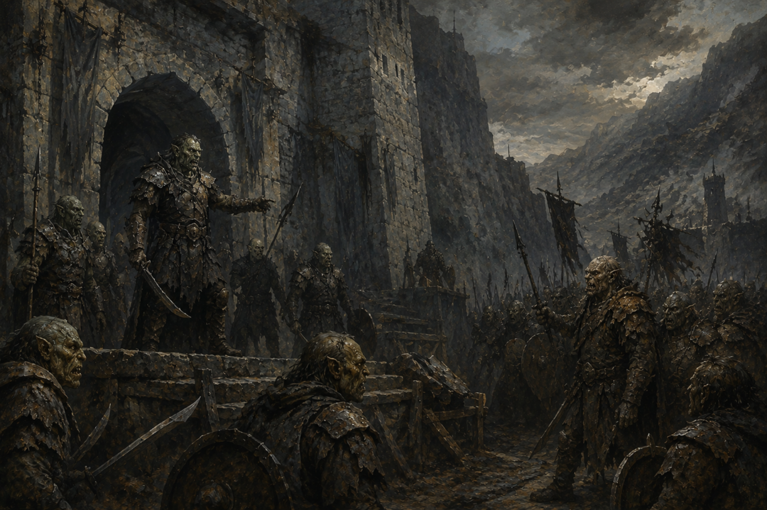 Shagrat and Gorbag commanding separate Orc companies at the Tower of Cirith Ungol.
