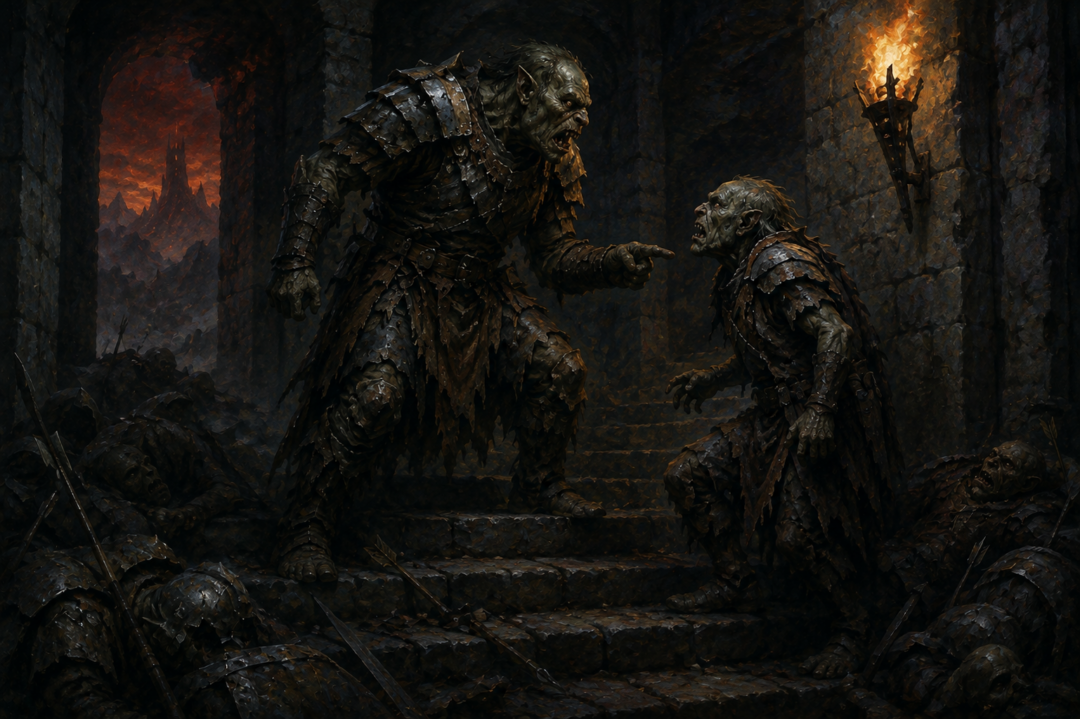 Shagrat threatening the smaller Orc called Snaga on a dark stairway inside the Tower of Cirith Ungol.