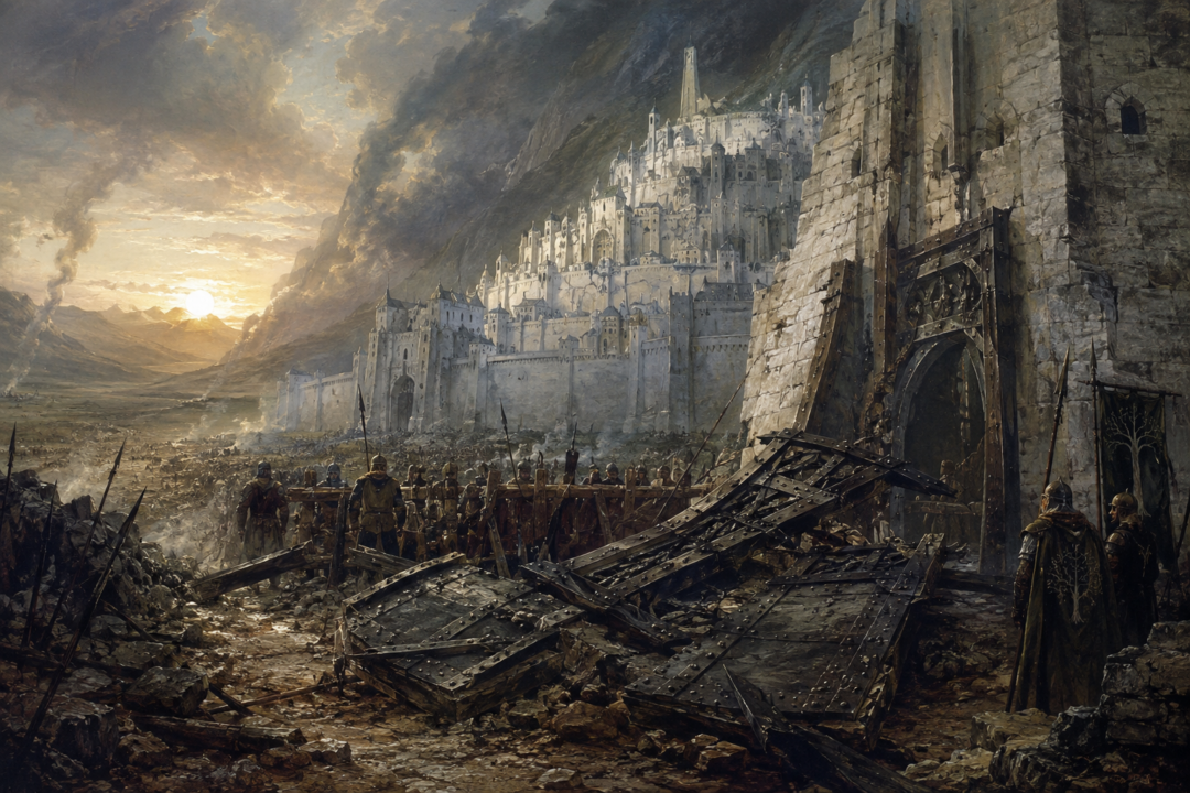 The shattered Great Gate of Minas Tirith after the Battle of the Pelennor Fields with a temporary barricade beneath the city walls.