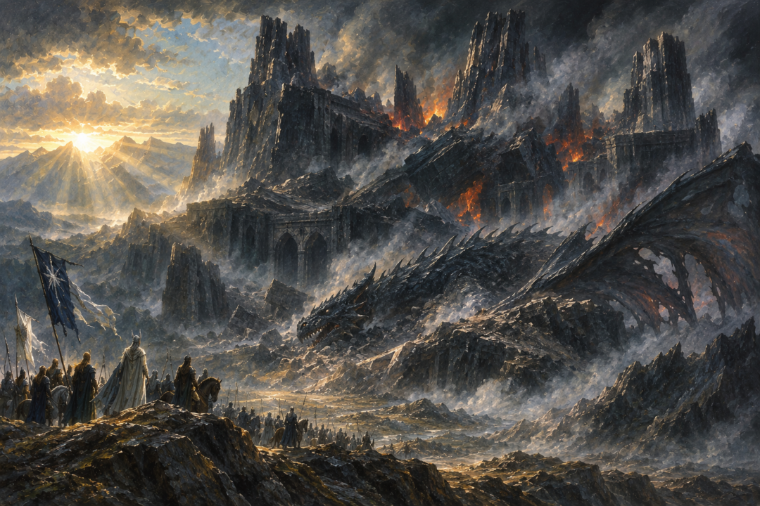 Broken peaks of Thangorodrim and the fallen Ancalagon marking the destruction of Morgoth's stronghold.