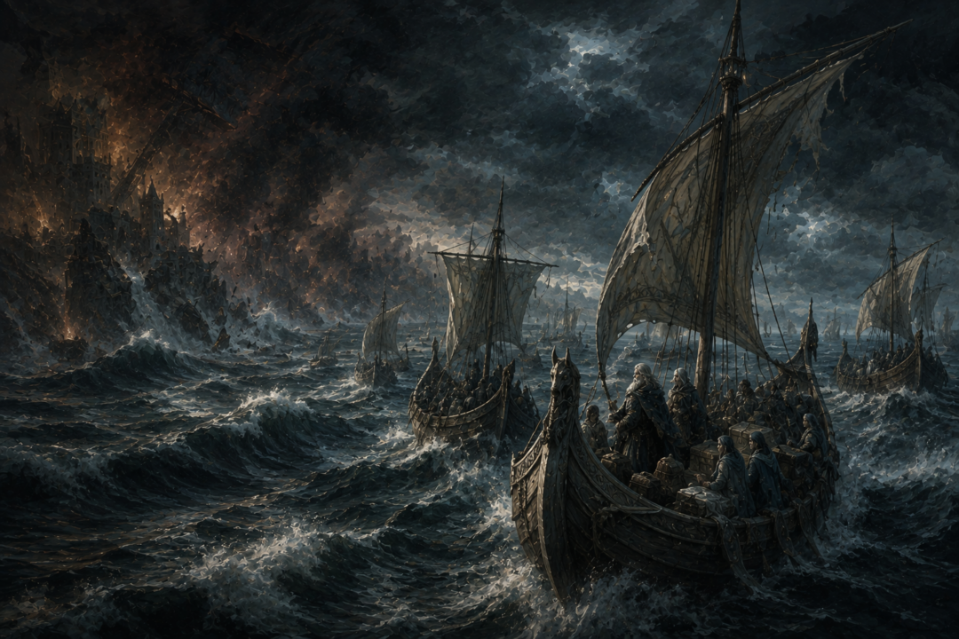 The nine ships of the Faithful driven east toward Middle-earth during the Downfall of Númenor.