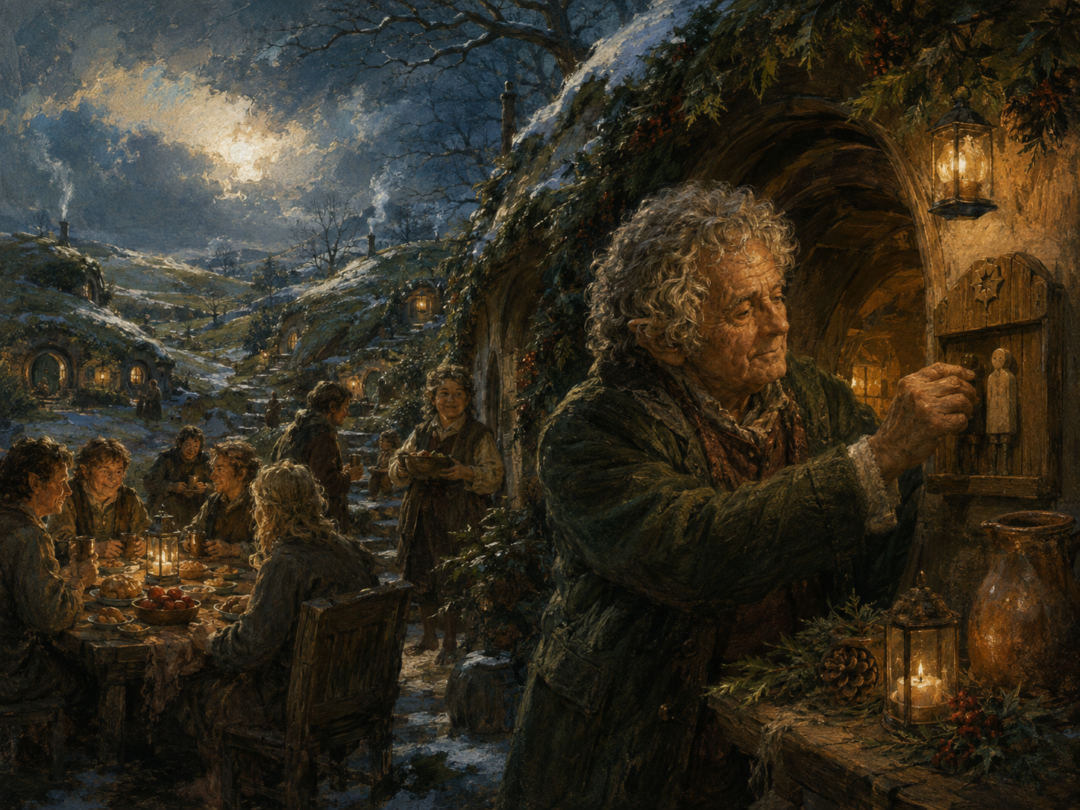 Hobbits celebrating Yule in the Shire as their calendar continues into the Fourth Age
