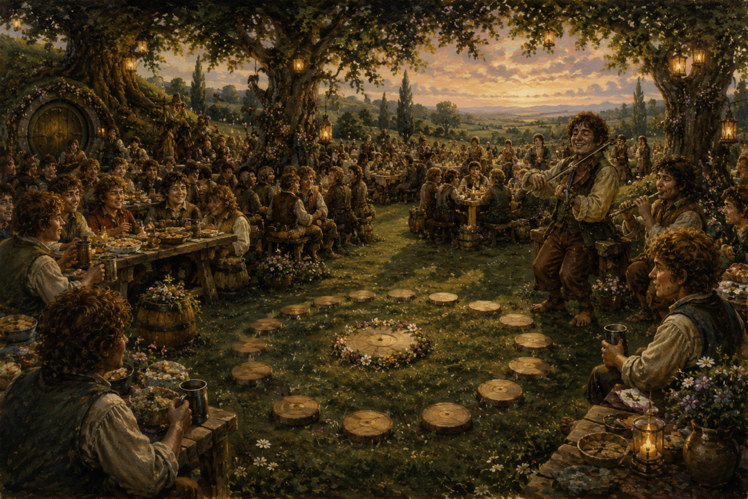 Hobbits celebrate Mid-year's Day in the Shire, the festival removed from the ordinary weekly cycle by the Shire-reform.
