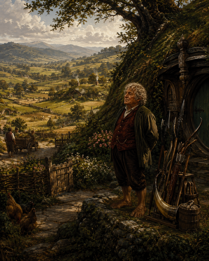 A Shire Thain beside old weapons at the Great Smials while peaceful Hobbit life continues around him.