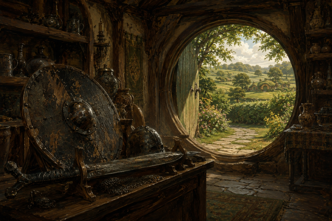 An old Hobbit sword and shield preserved as historical relics while the peaceful Shire stretches beyond the Mathom-house.