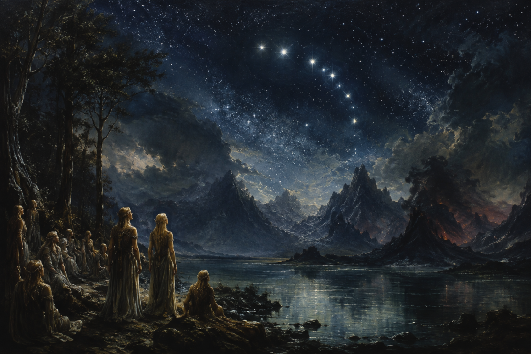 Newly awakened Elves gaze at the seven stars of the Sickle of the Valar in the ancient night sky.