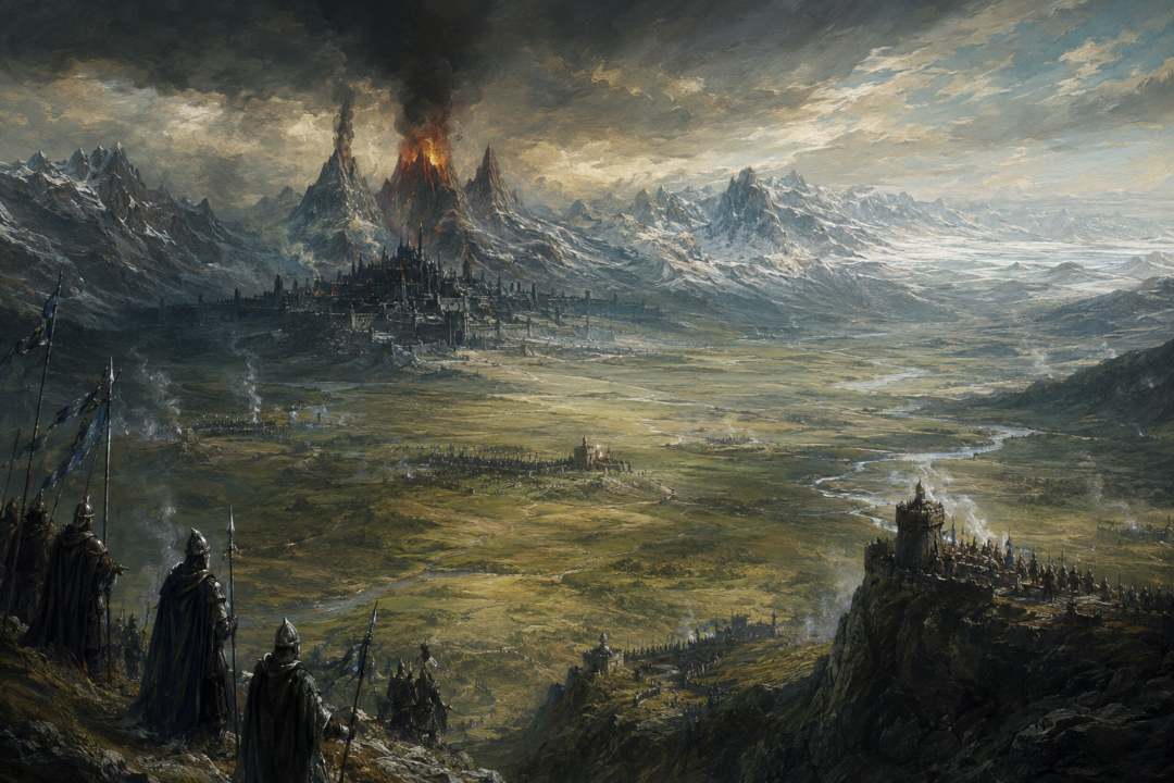 Angband and Thangorodrim under the Noldorin siege with the unguarded Iron Mountains stretching behind the fortress
