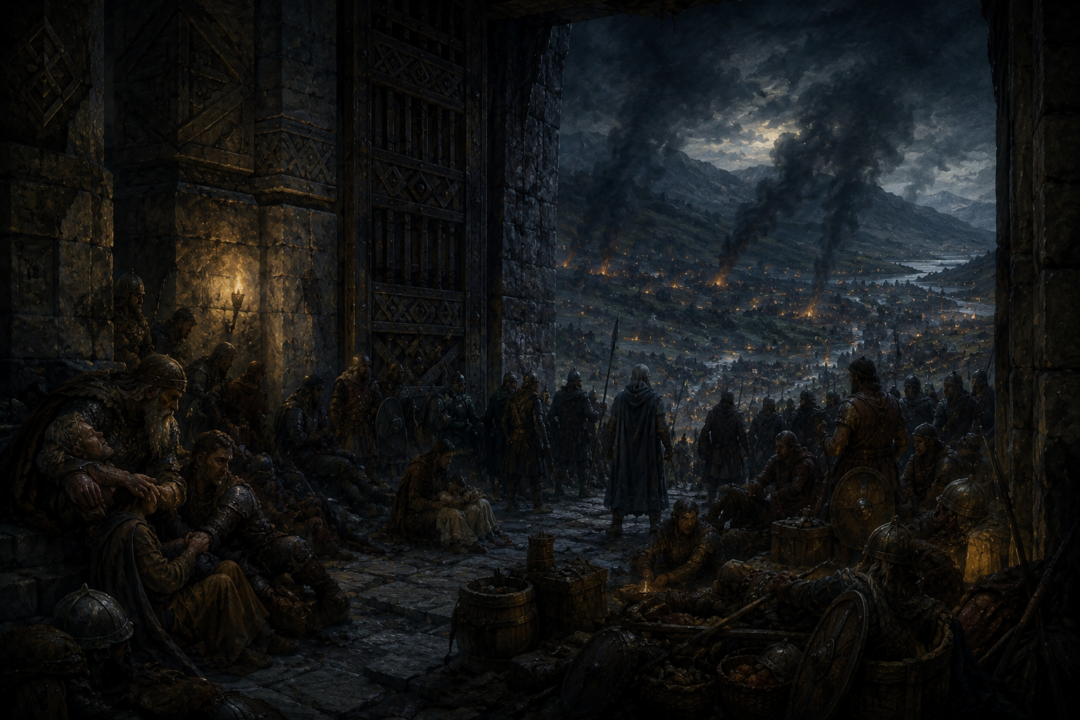 Men of Dale and Dwarves shelter inside Erebor while Sauron's northern allies besiege the Lonely Mountain.