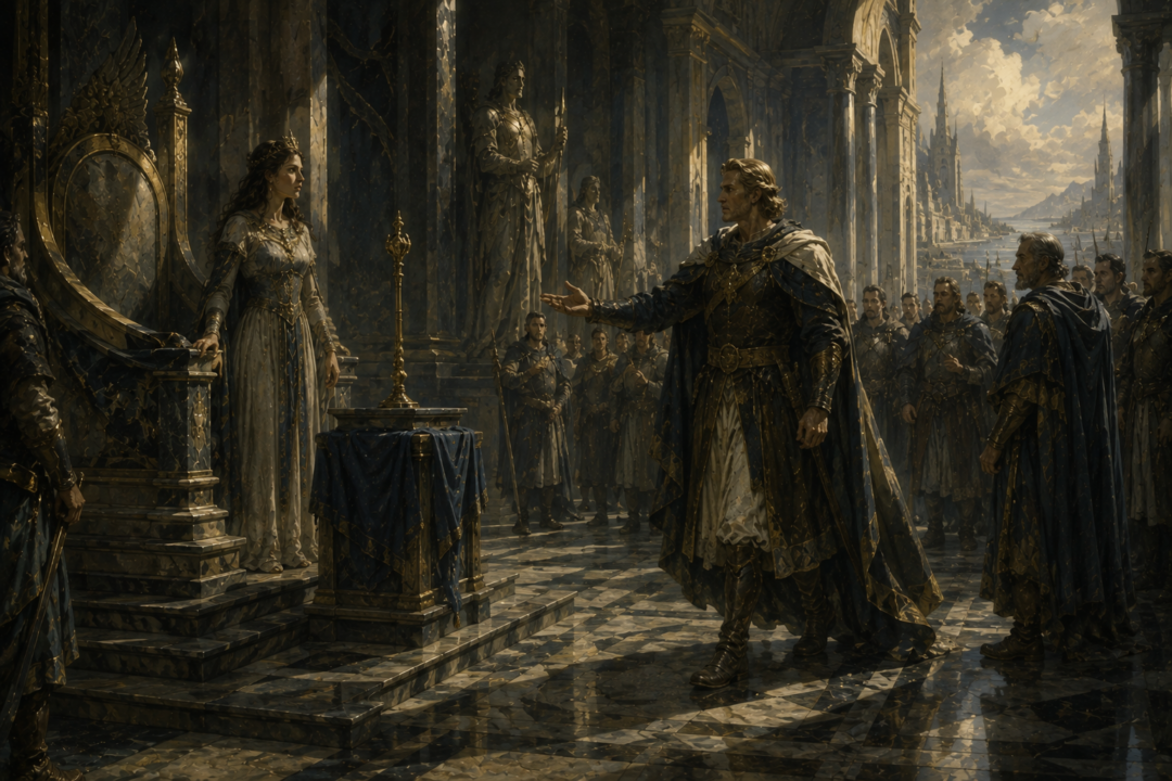 Symbolic branches of Númenor's royal family show the doomed ruling house and the line of Silmariën surviving the Downfall.