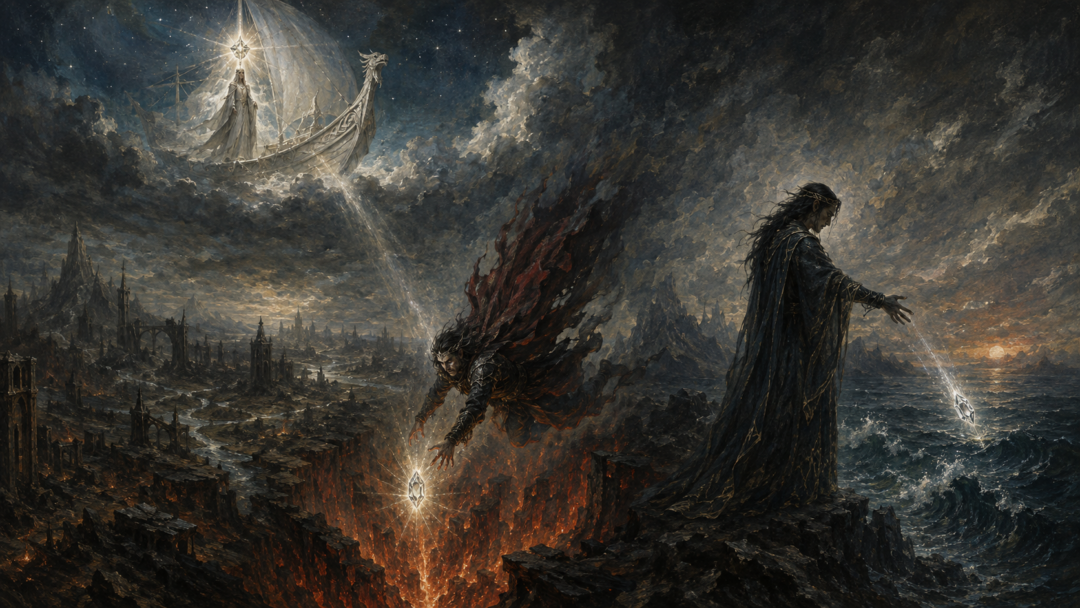 The three Silmarils separated between the sky, the fiery earth, and the sea at the end of the First Age