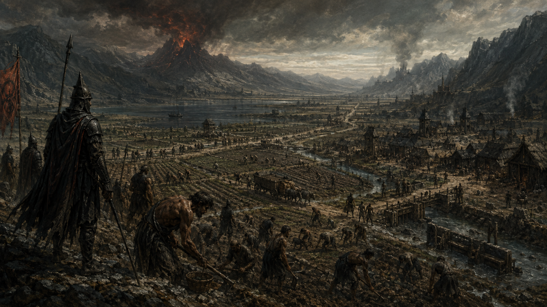 Slave-worked agricultural fields surrounding Lake Núrnen in southern Mordor before Sauron’s fall