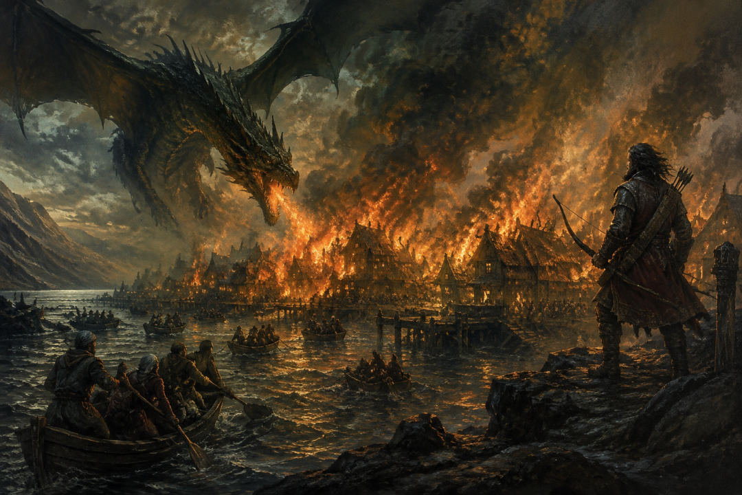 Smaug attacking Lake-town as Bard prepares to defend the settlement