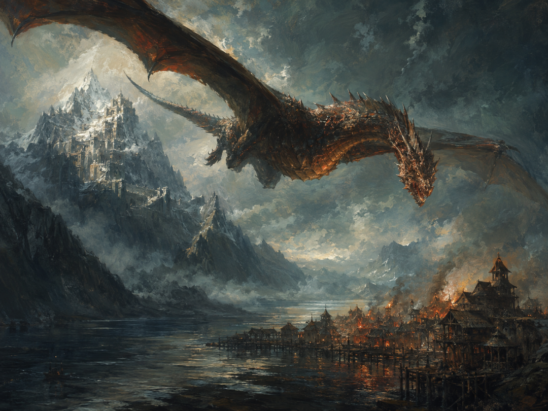 Smaug flying from Erebor toward Lake-town across the Long Lake