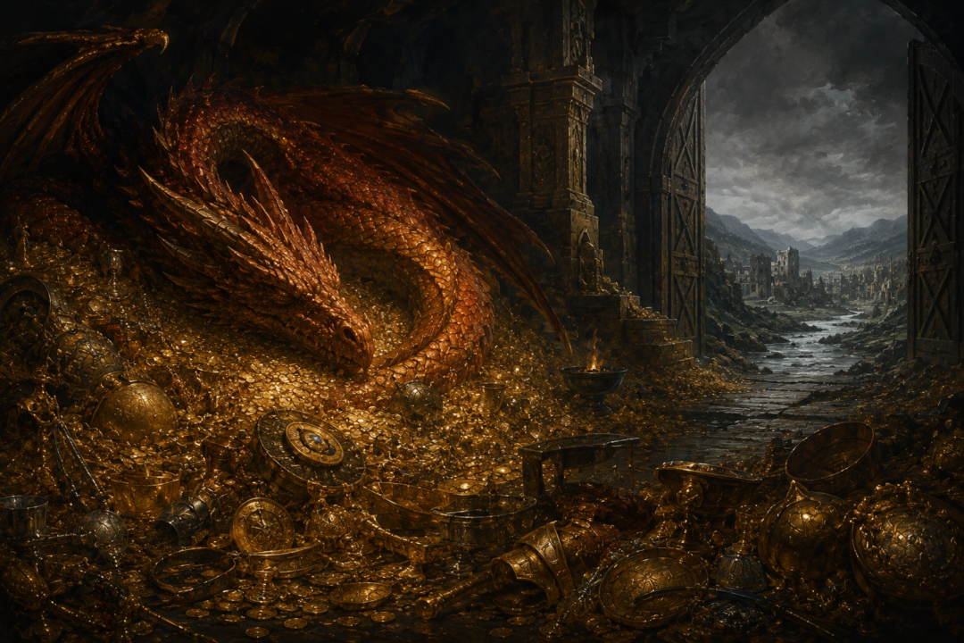 Smaug sleeping on Erebor's treasure while ruined Dale lies deserted beyond the Mountain's gate.