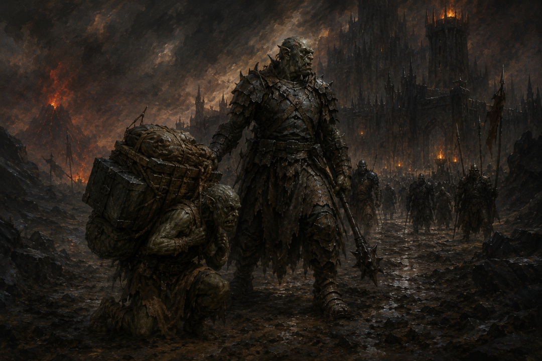 A lesser Orc burdened with supplies beneath a commanding Uruk in a symbolic depiction of Orc hierarchy.