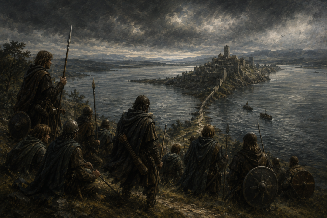 Soldiers redirected from the march to the Black Gate approach Cair Andros on the Anduin with renewed purpose.