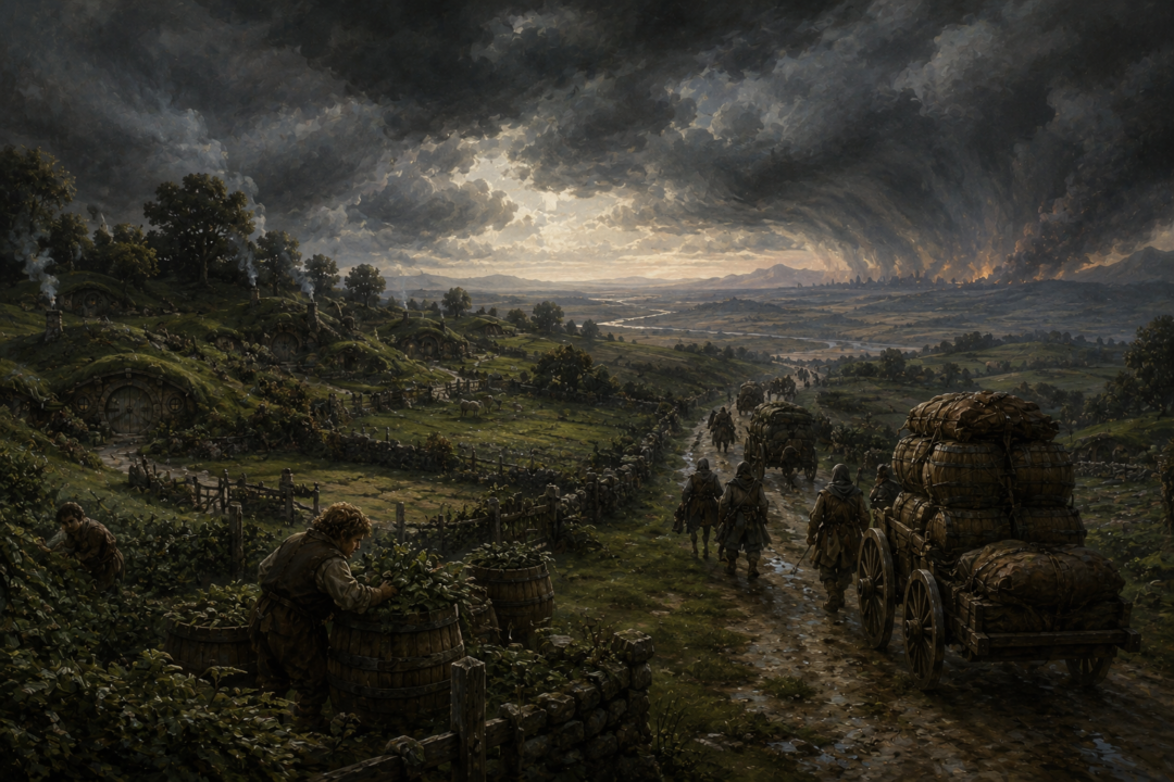 Southfarthing goods leaving the peaceful Shire along a road leading toward the wider and increasingly dangerous world.