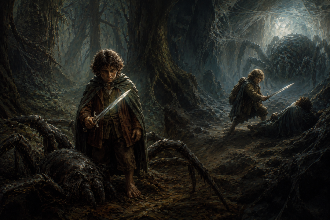Bilbo and Sam wield Sting in parallel encounters with the giant spiders of Mirkwood and Shelob’s pass.